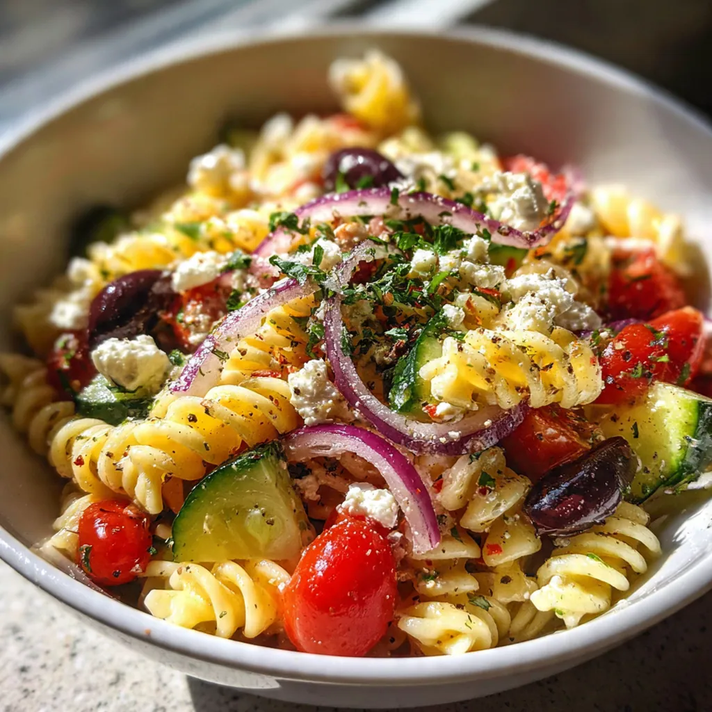Fresh ingredients for Greek pasta salad including Kalamata olives, red onion, and crumbled feta.