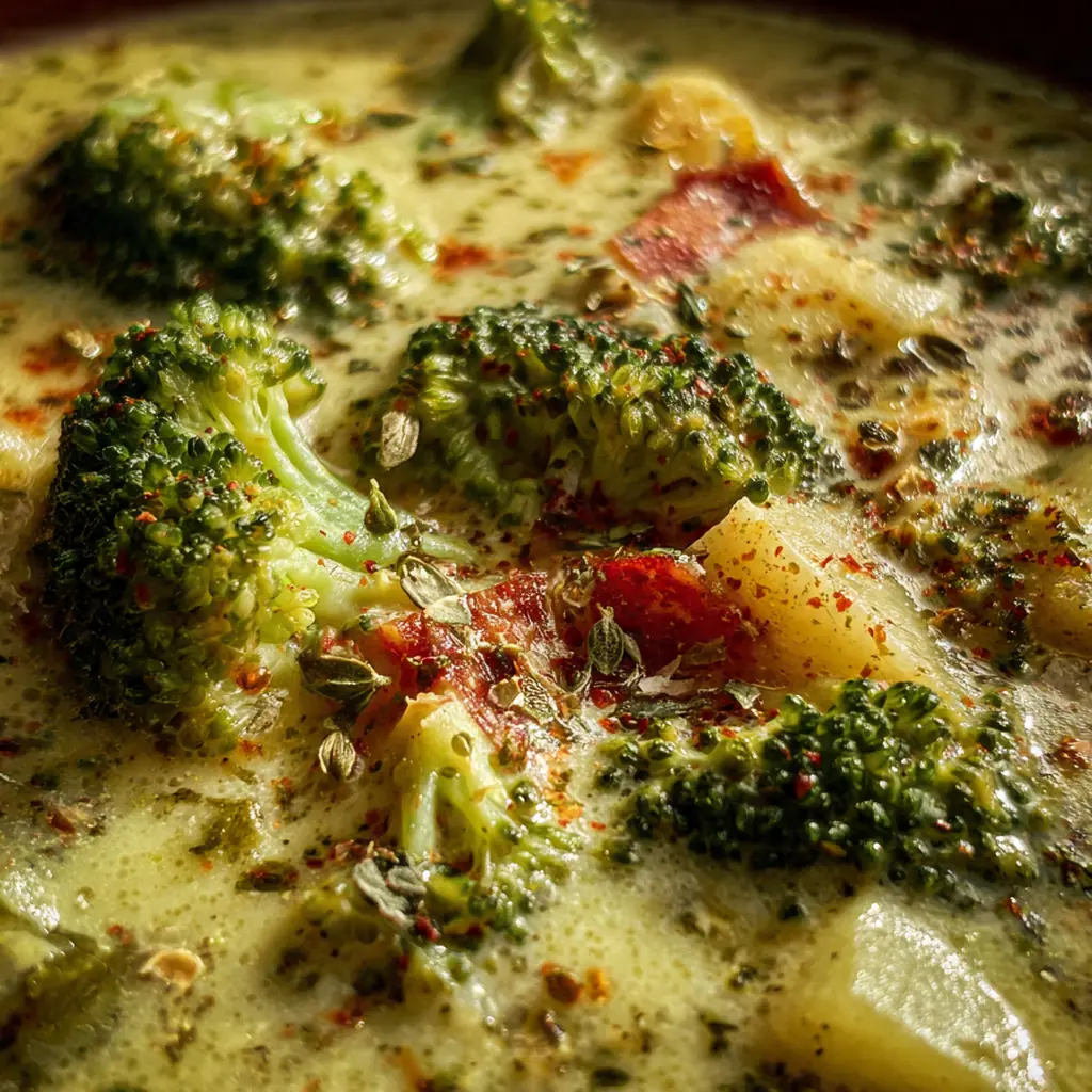 Close-up of a spoon dipping into rich, velvety broccoli cheddar soup with a carrot fleck