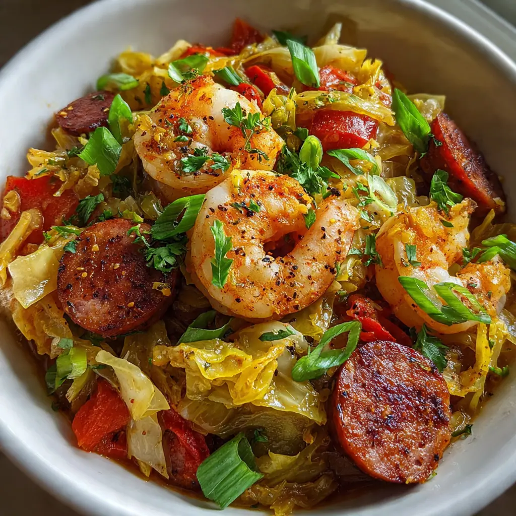 Overhead shot of a colorful dinner plate with jambalaya, a green salad, and crusty bread on the side