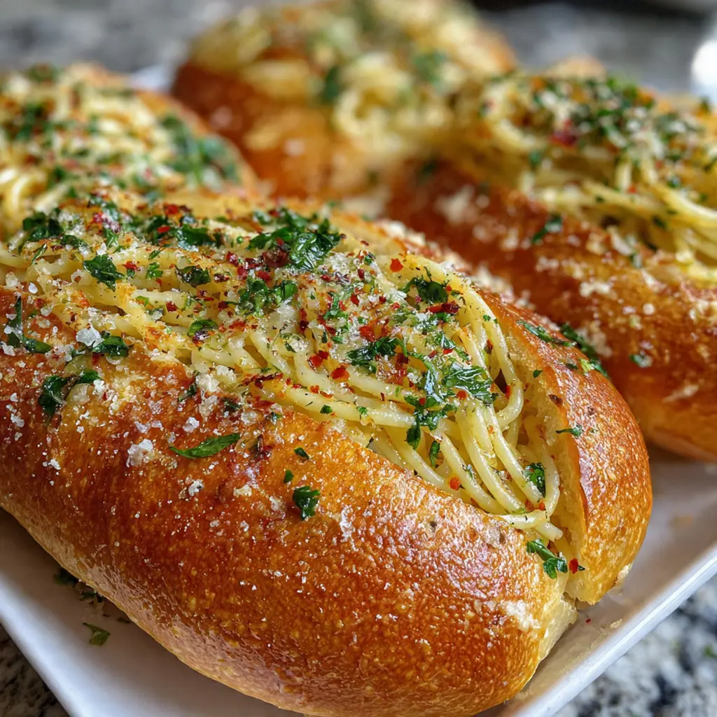 Overhead shot of four golden baked subs on a baking sheet, garnished with fresh basil