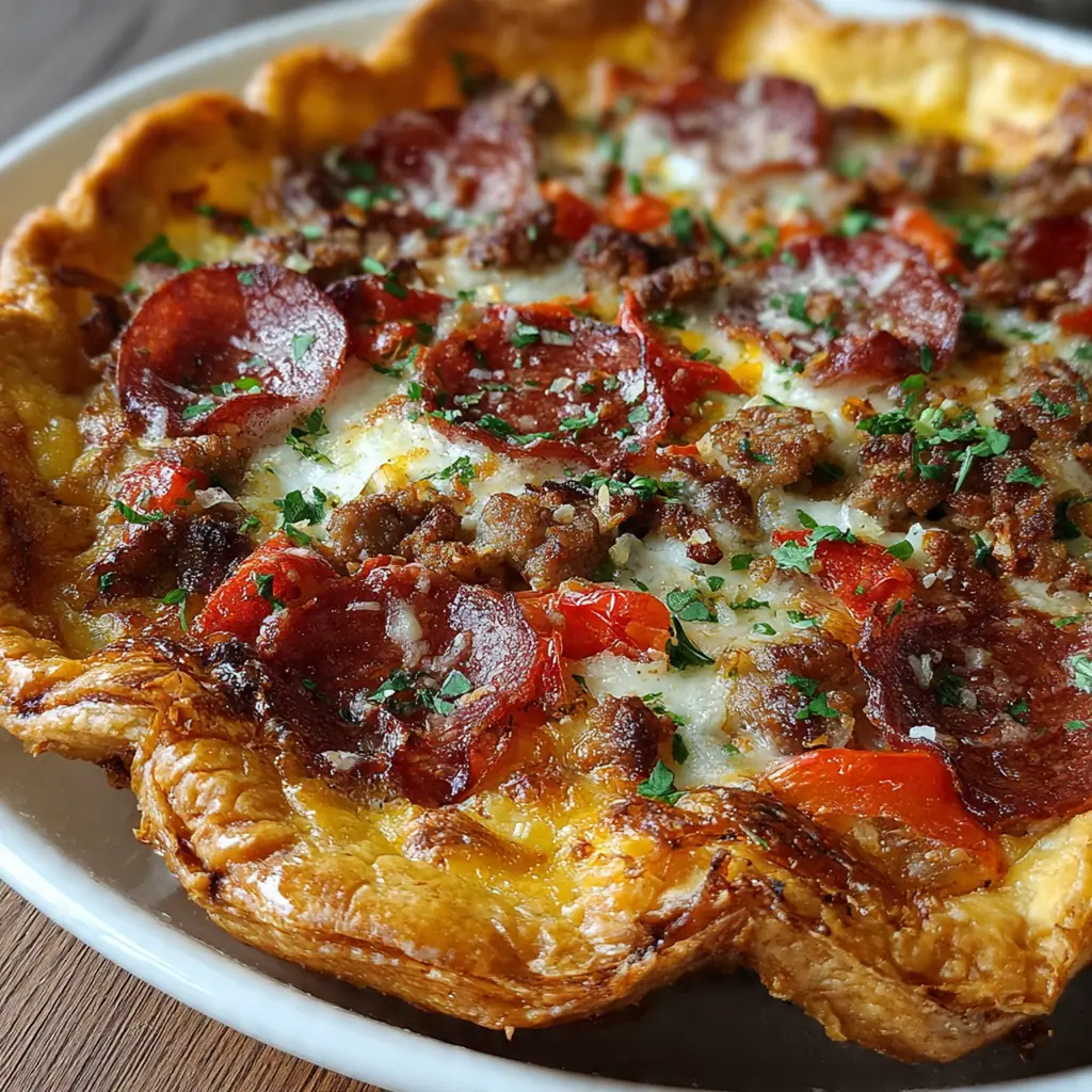 Fresh ingredients like ground beef, pepperoni, and Italian sausage arranged on a rustic wooden board.