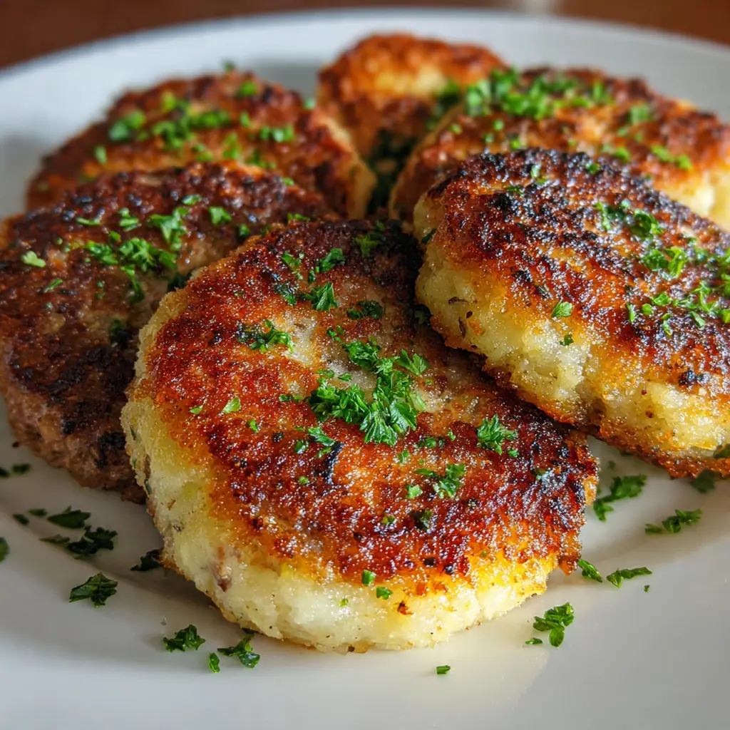 Close-up of a stacked plate of savory potato pancakes with a dollop of sour cream and chives