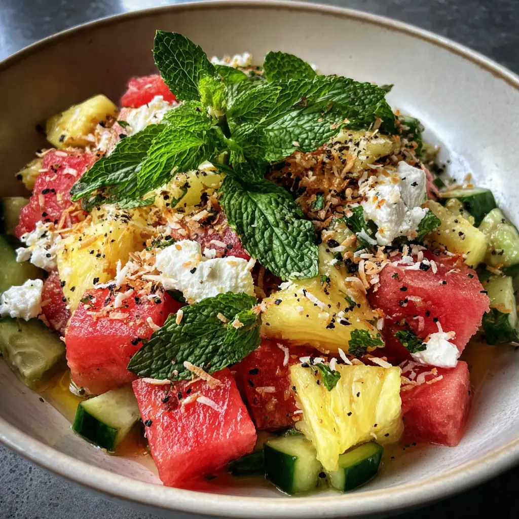 Close-up of juicy watermelon and pineapple chunks mixed with cucumber, red onion, and mint in a large serving bowl