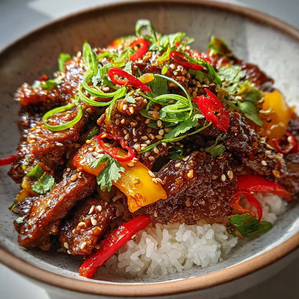 Close-up of golden fried beef tossed with red bell peppers and sliced green onions in a wok