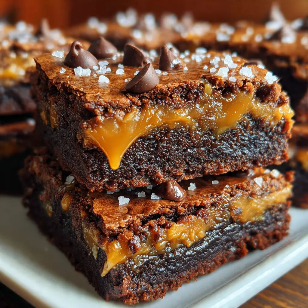 Fudgy chocolate caramel brownie stacked on a plate next to a glass of cold milk