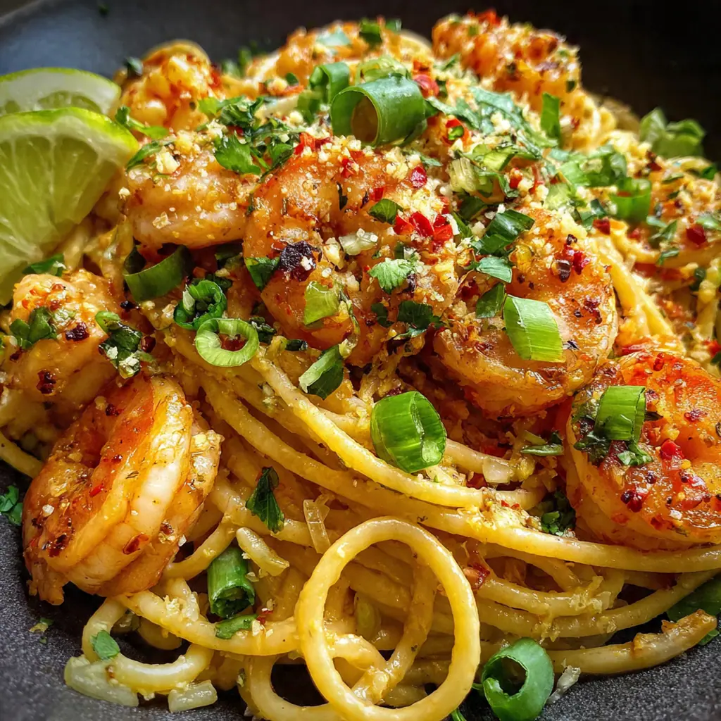 Close-up view of a fork twirled with saucy pasta and a crispy shrimp coated in creamy sauce