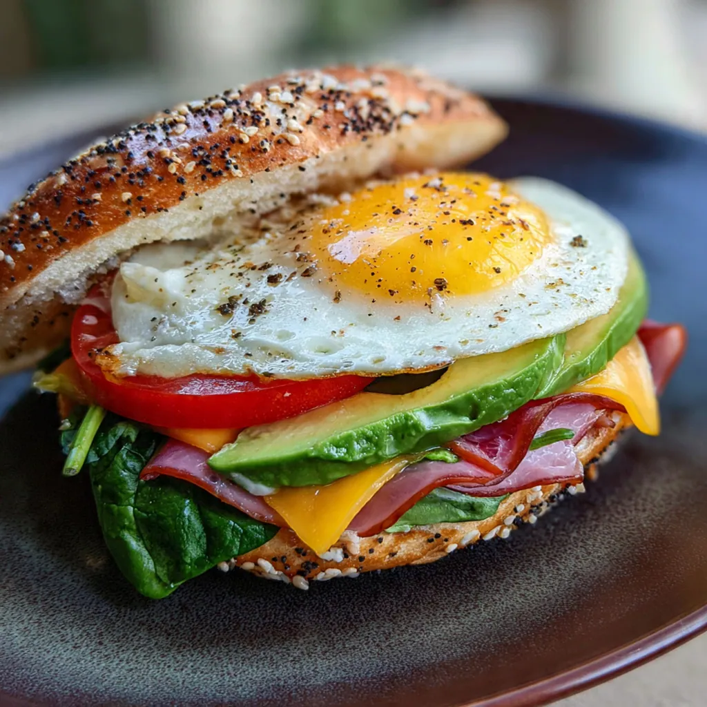 Close-up of a toasted English muffin stacked with ham, scrambled eggs, and cheddar cheese