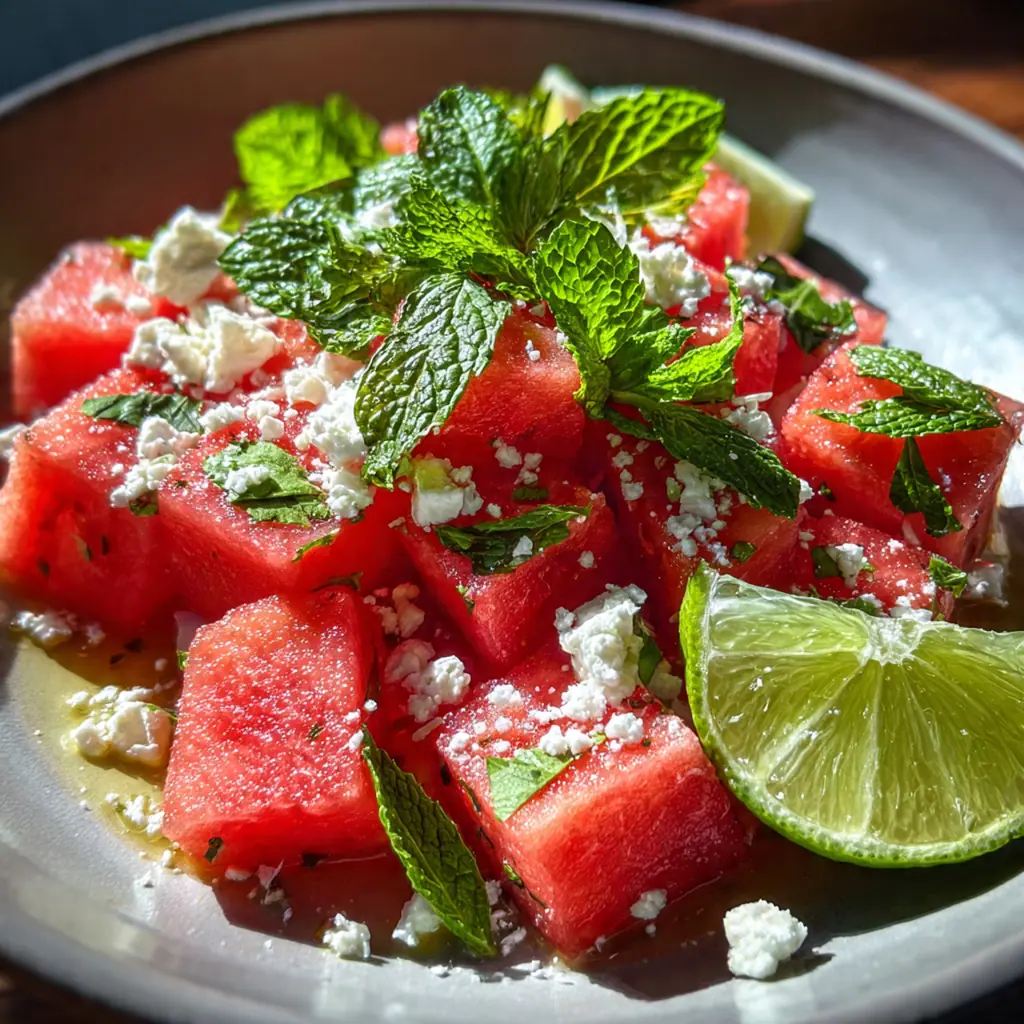 Colorful watermelon mint salad served in a large glass bowl at a summer picnic table