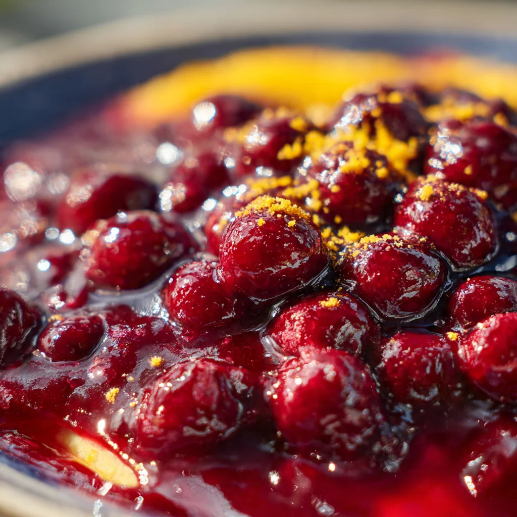 Thick, jammy berry sauce with visible whole berries and natural dark purple color