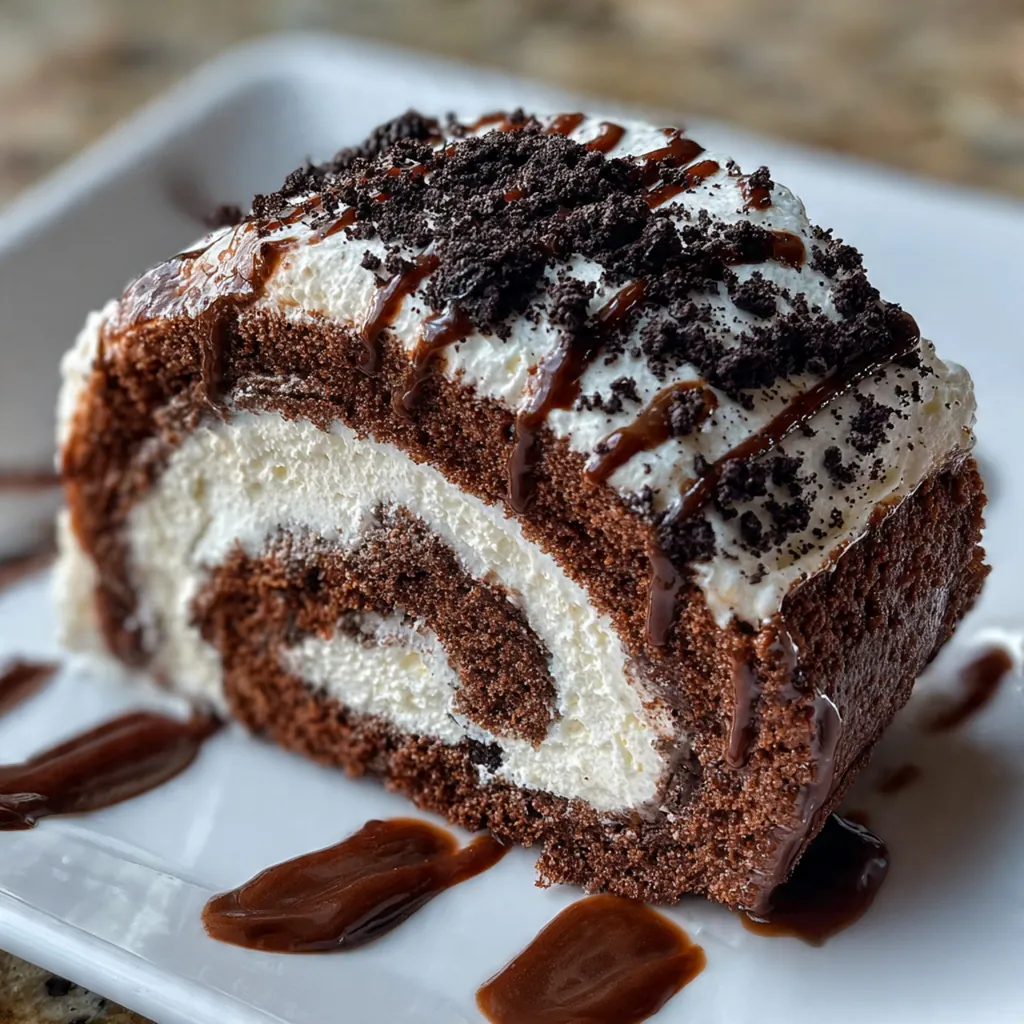 Close-up of a chocolate sponge cake roll filled with fluffy white cream and black Oreo cookie pieces