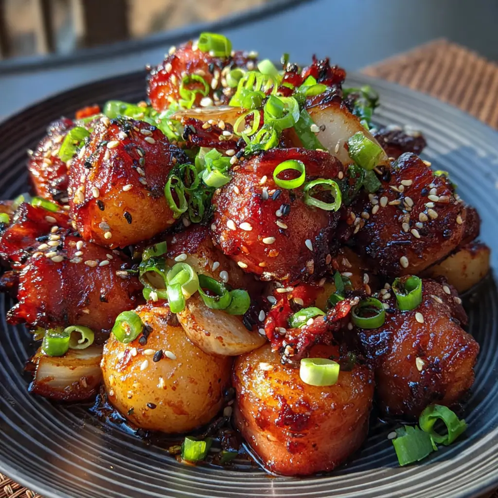 Close-up of a single bacon-wrapped bite showing the crispy bacon and glossy caramelized coating