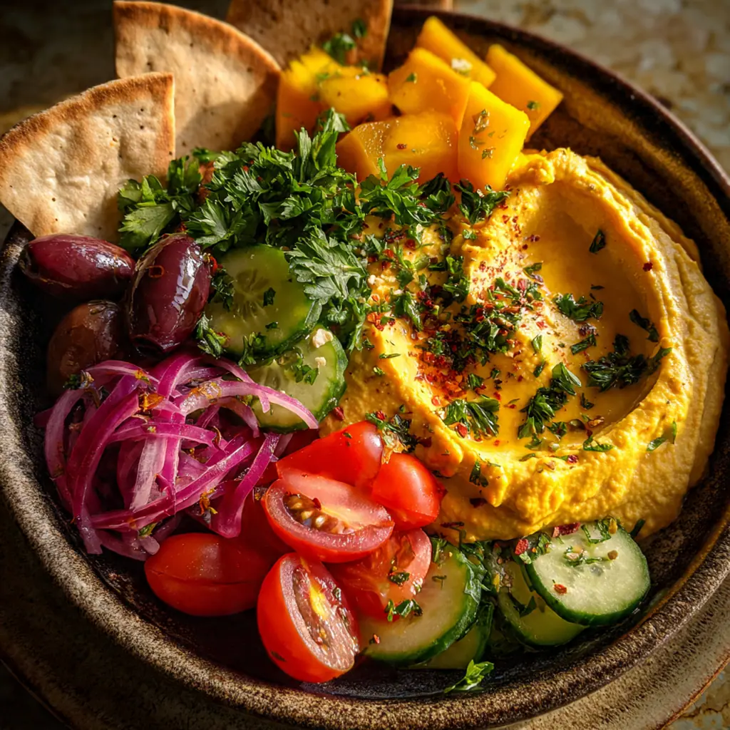 A complete spread of hummus with toppings served alongside warm pita bread and vegetable sticks