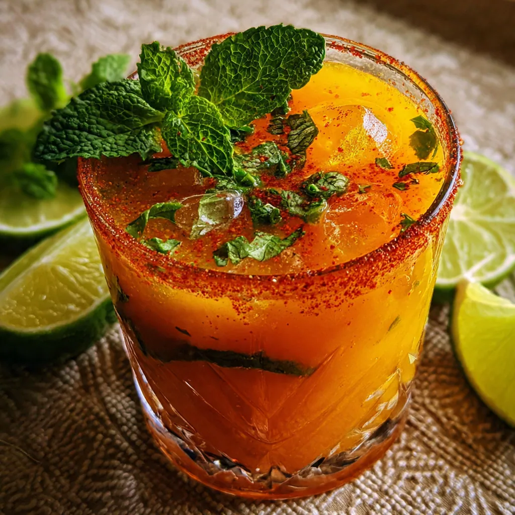 Close-up of a frosty glass showing the orange mocktail, a lime wedge, and a dusting of Tajin seasoning