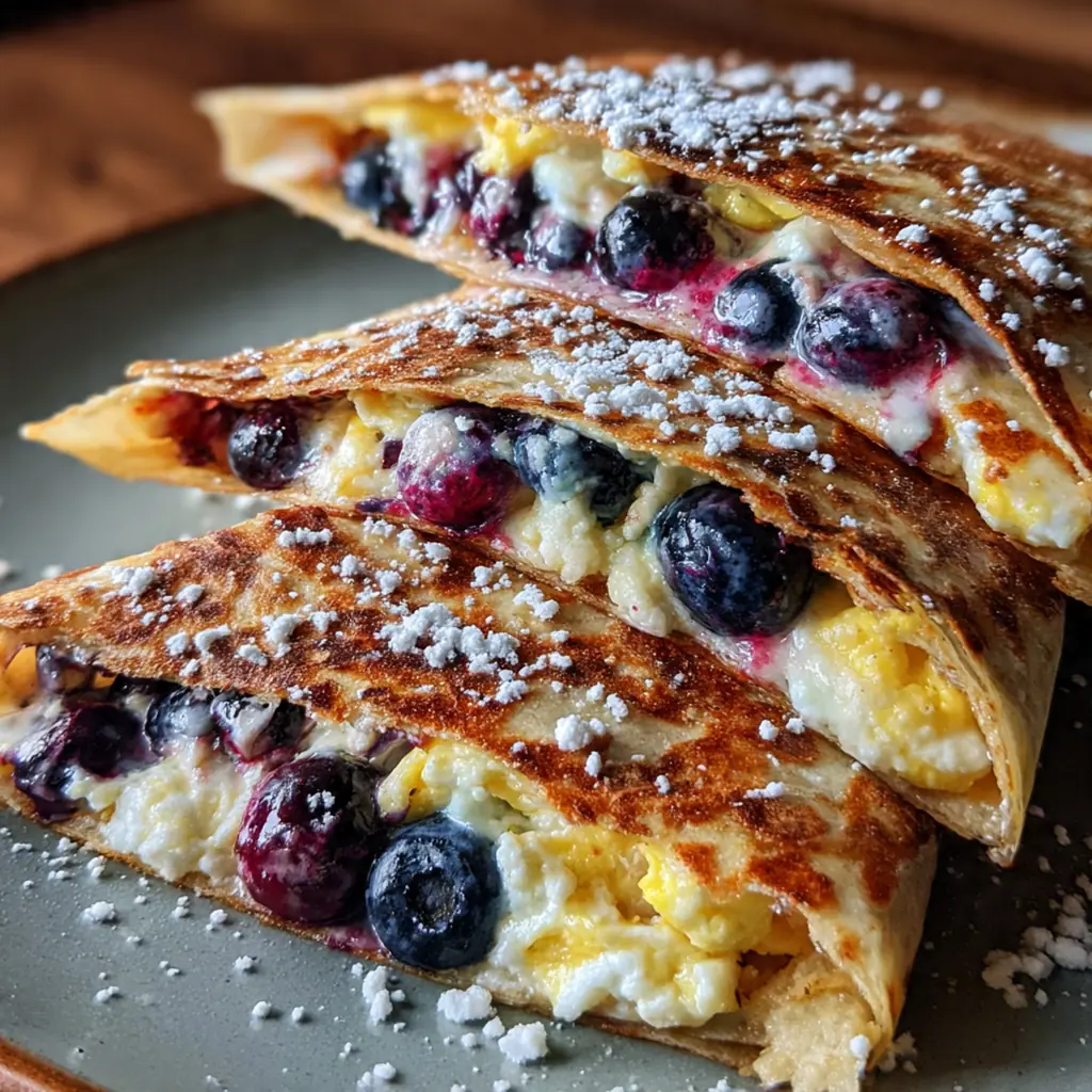 Close-up of a crispy tortilla with melted spiced cheese and whole blueberries visible inside