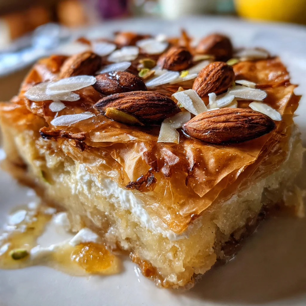 Whole pie garnished with drizzled honey, chopped walnuts, and a dusting of cinnamon