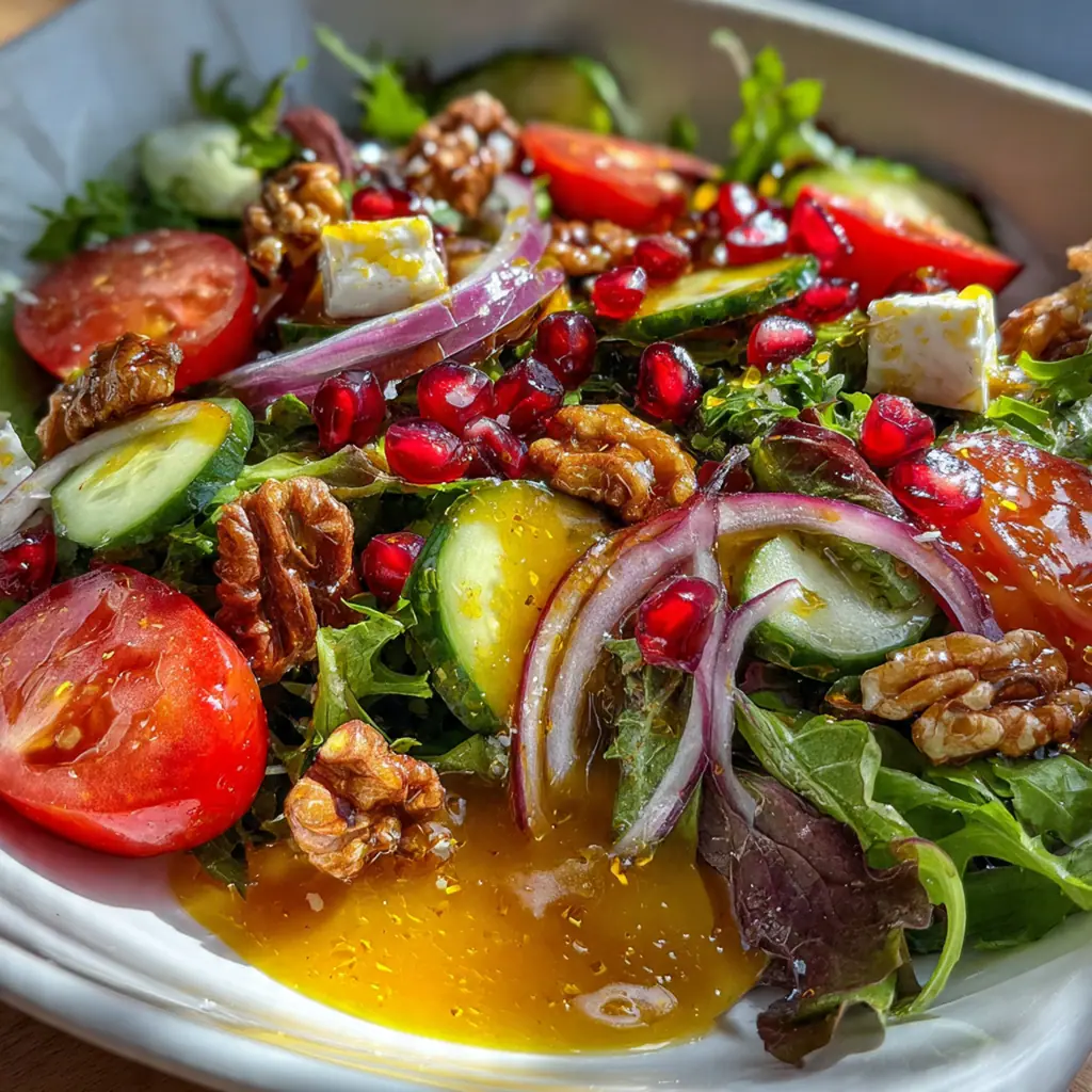 Close-up of creamy honey mustard dressing drizzled over mixed greens, crumbled feta, and dried cranberries