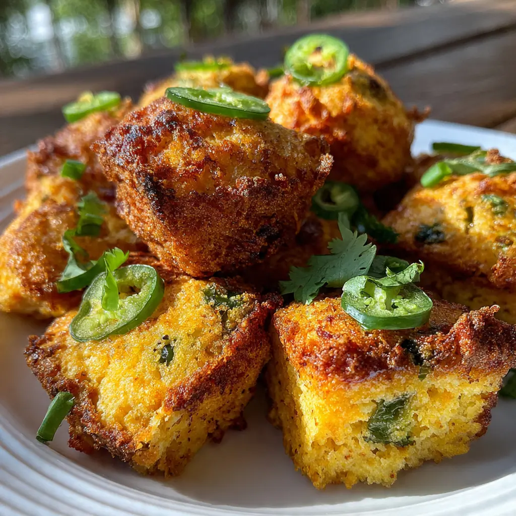 Close-up of a single popper with crisp cornbread topping and a tender jalapeno half