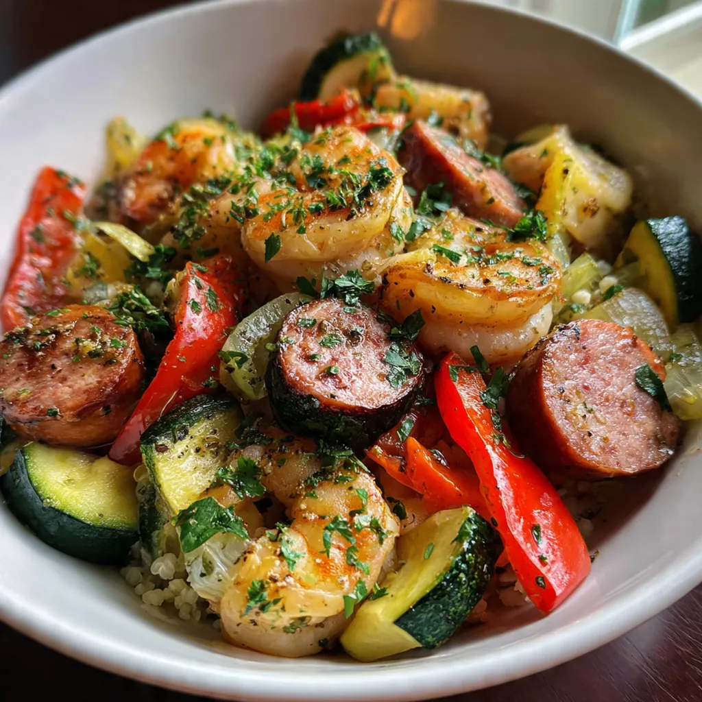 Close-up of a forkful featuring juicy shrimp and smoky Andouille sausage with bell peppers and okra