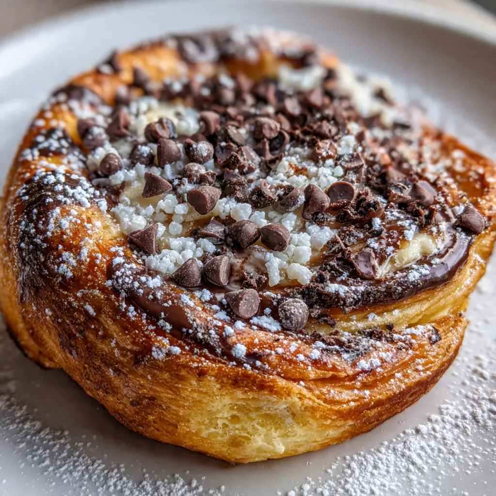 Close-up view of a chocolate danish showing the creamy cheese filling and sliced almond topping on a rustic wooden board