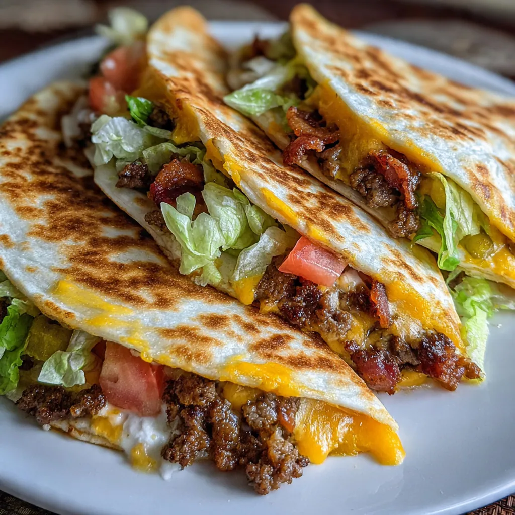 A stack of three crispy quesadilla wedges on a rustic wooden board with a drizzle of mustard and ketchup for dipping
