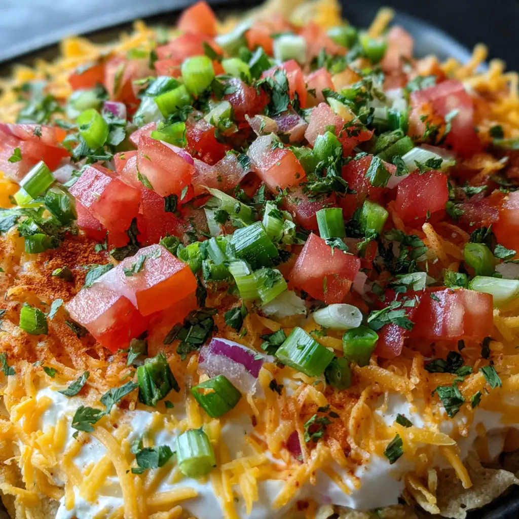A colorful party platter featuring the warm dip surrounded by tortilla chips and fresh vegetables