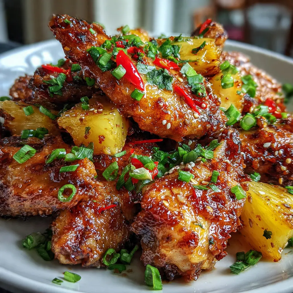 Close-up of a crispy chicken wing coated in a thick, caramelized brown sugar and pineapple sauce