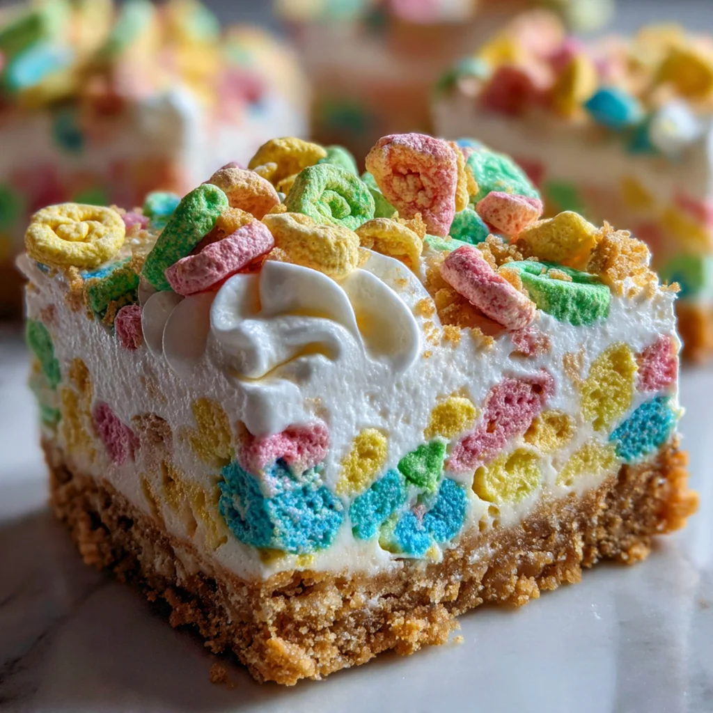 Whole Lucky Charms cheesecake bar lifted out of the pan with parchment paper for serving