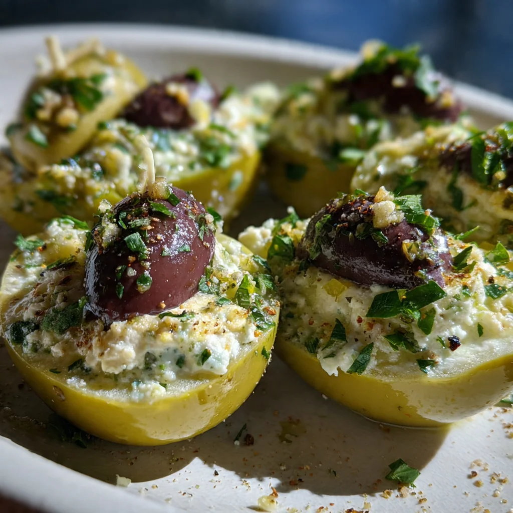 Close-up of Boursin stuffed olives showing the herbed cheese rosette and glistening olive oil