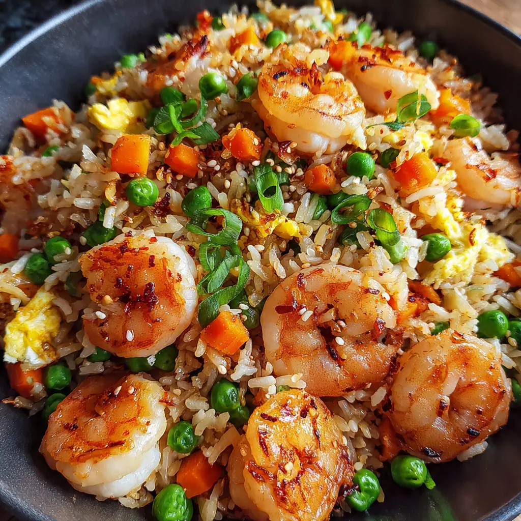 Close-up of a wok filled with sizzling shrimp fried rice being tossed with a spatula