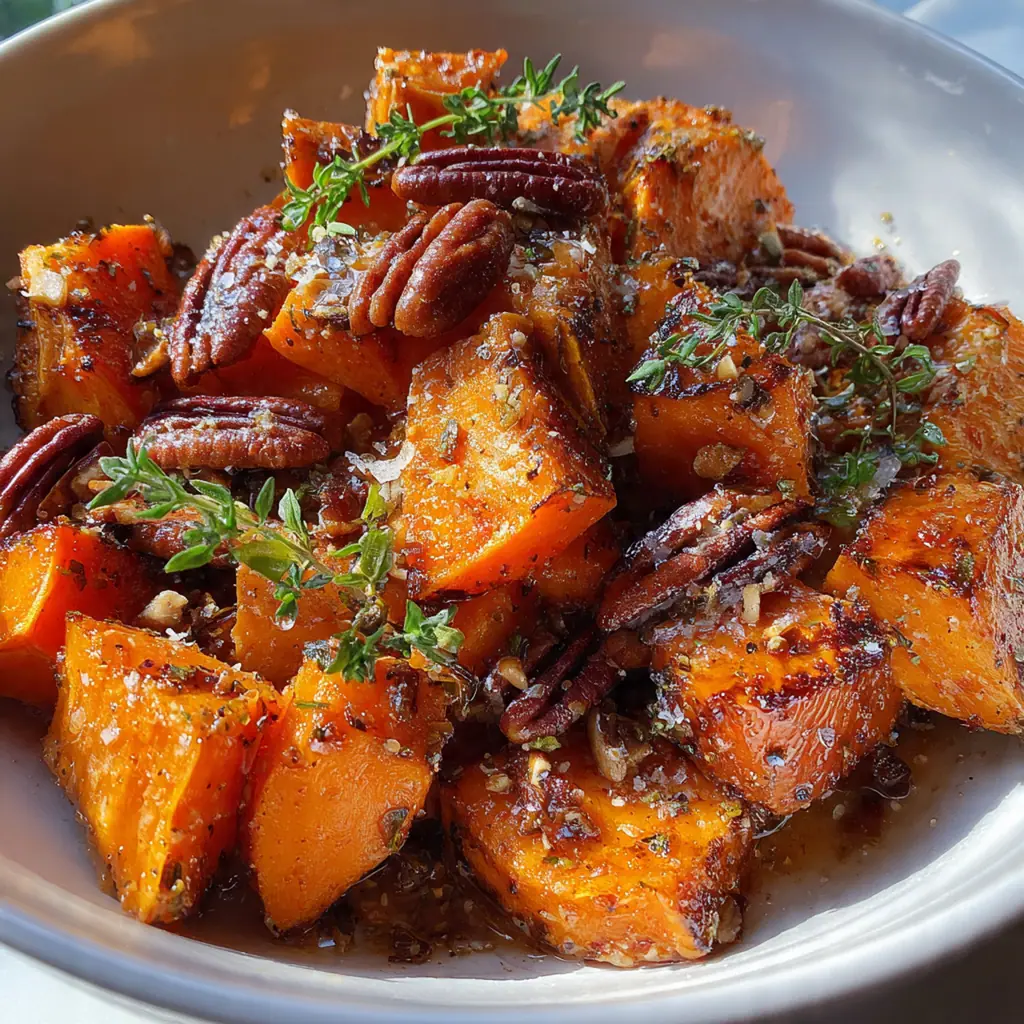 A festive holiday table setting with a bowl of caramelized sweet potatoes next to a roasted turkey