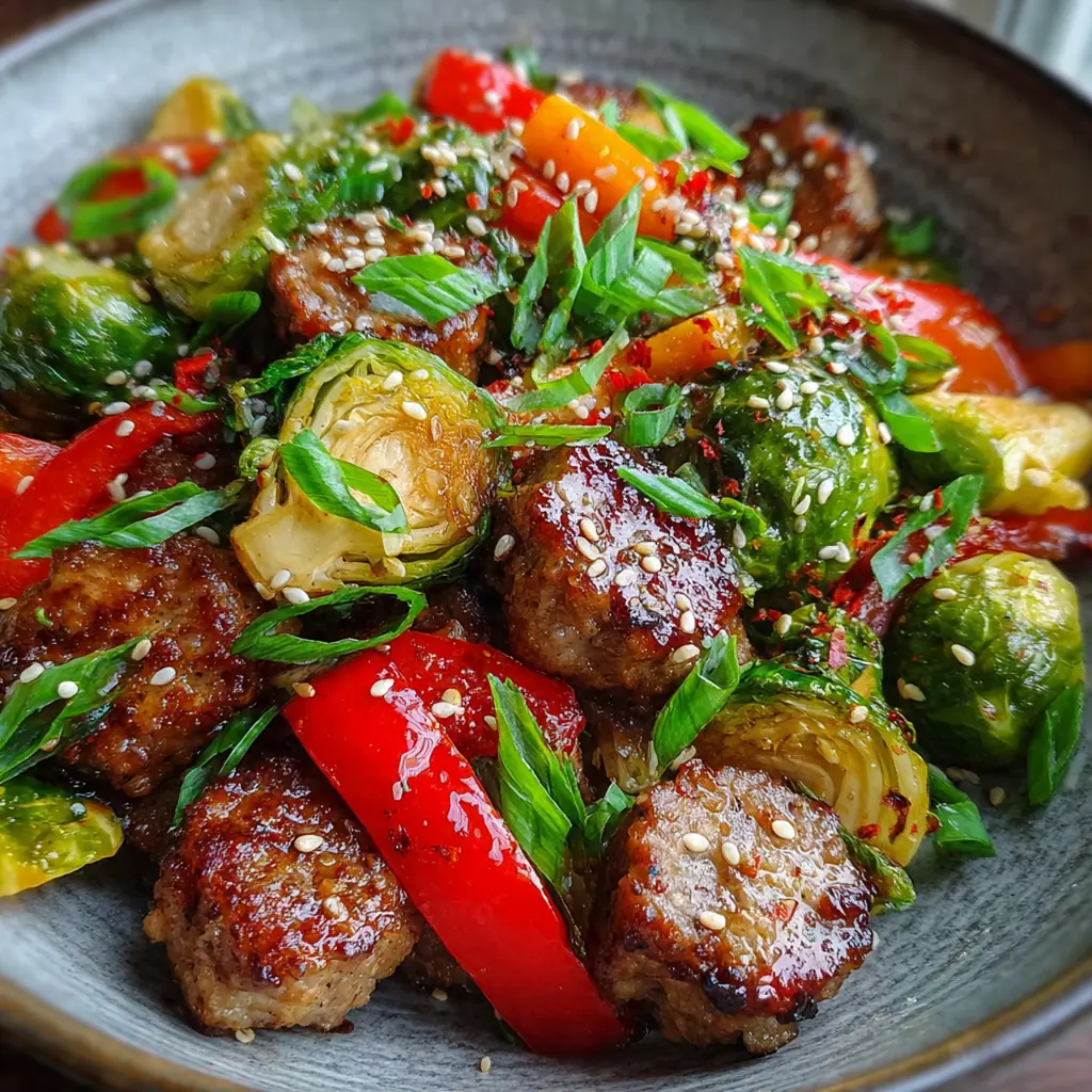 Close-up of a fork lifting savory sausage and a golden-brown Brussels sprout half coated in sauce