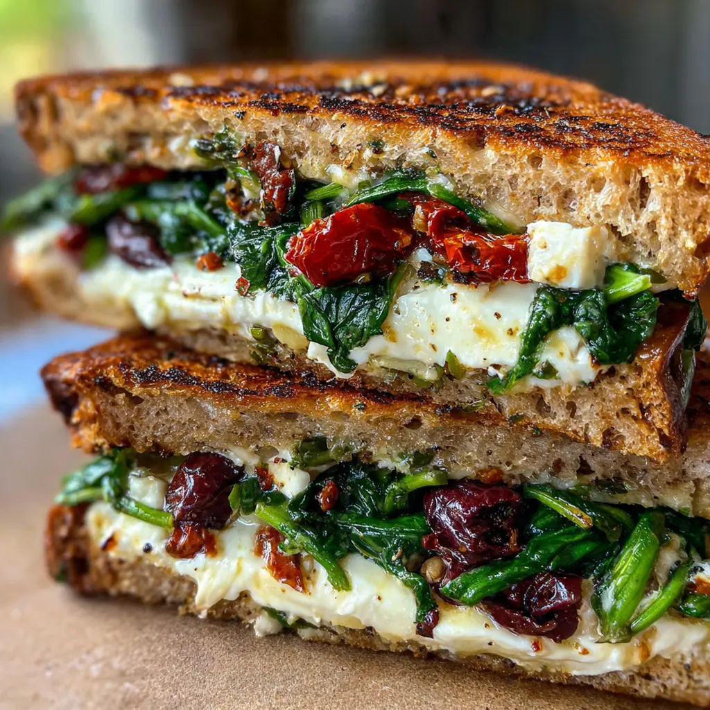 Overhead shot of a Mediterranean spinach grilled cheese sandwich on a wooden board with fresh basil garnish