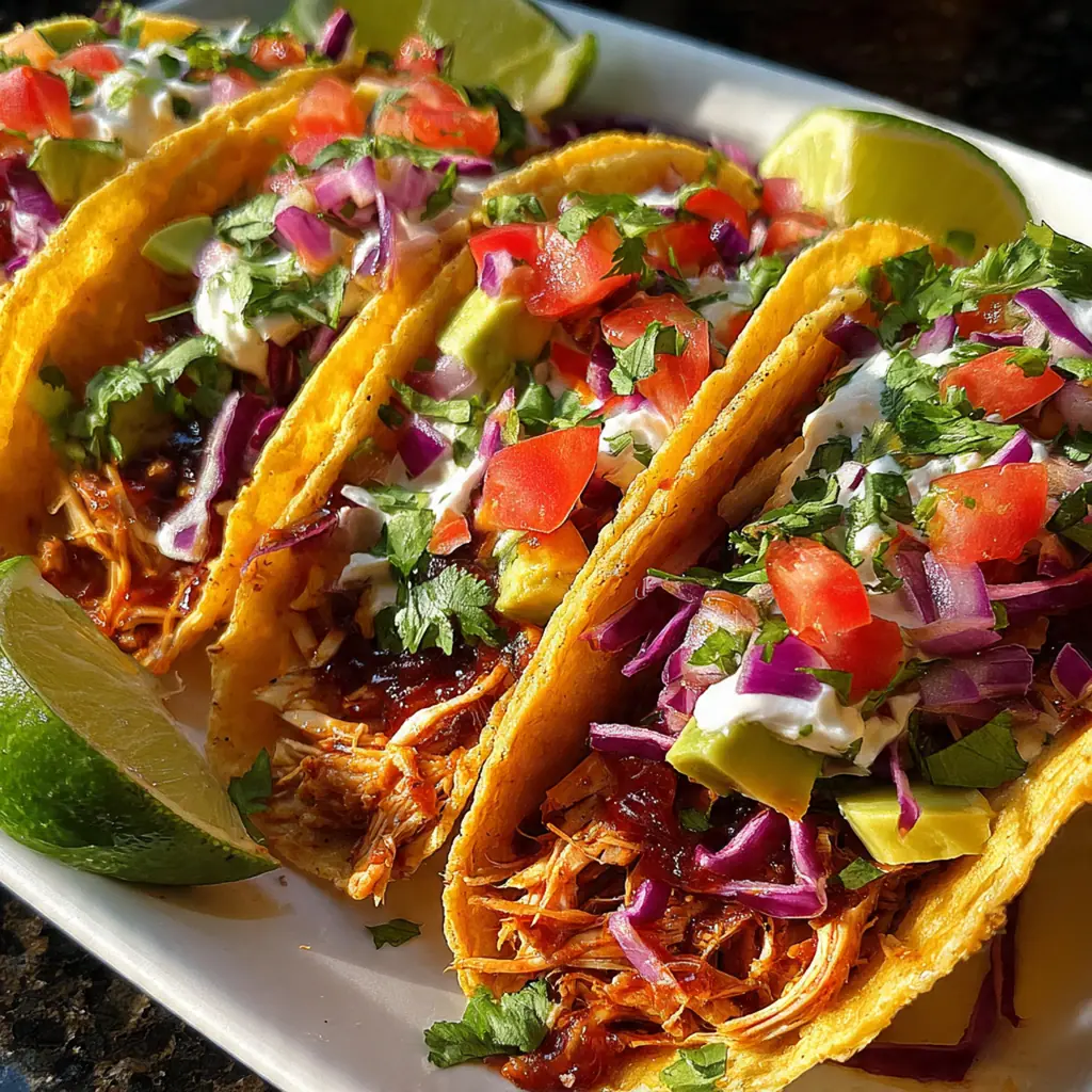 Overhead shot of taco ingredients including glazed chicken, tortillas, lime, and fresh toppings