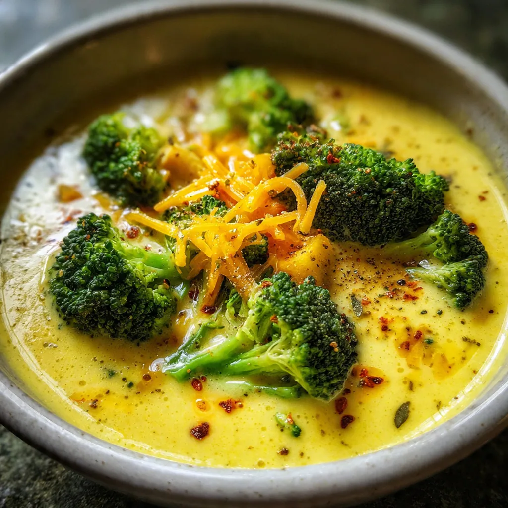A cozy table setting with a bowl of broccoli cheddar soup next to crusty bread for dipping