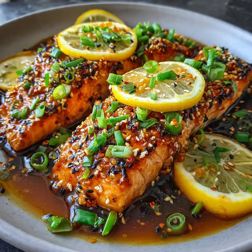 Pan-seared salmon topped with sliced green onions and sesame seeds, served with lemon wedges