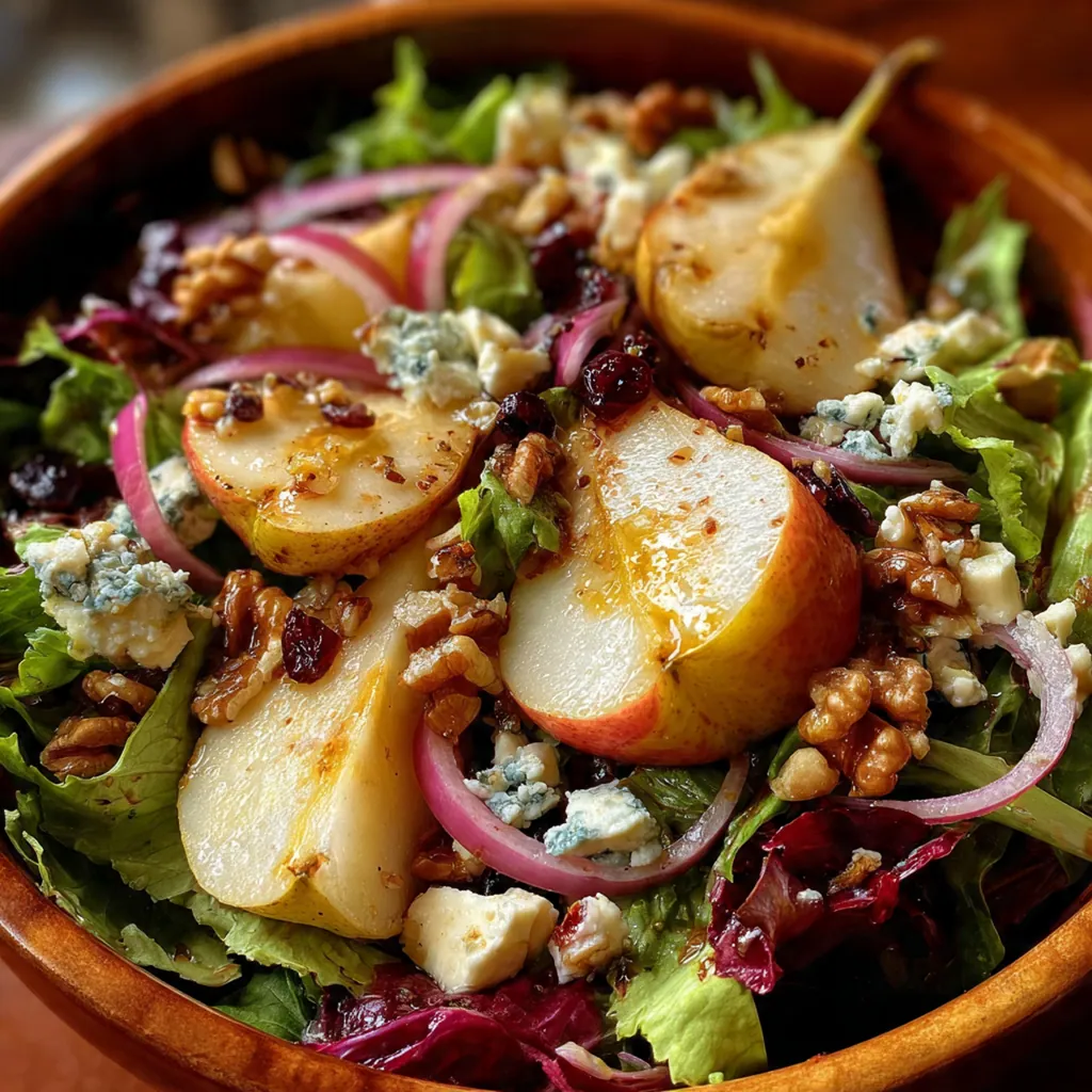 Close-up of a fork lifting greens coated in vinaigrette with a slice of pear and blue cheese