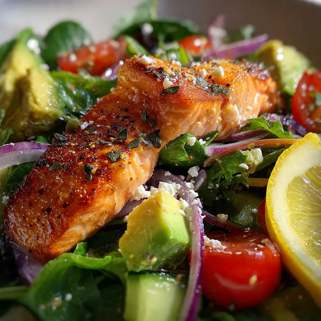 Overhead shot of salad ingredients artfully arranged: salmon, greens, avocado, cucumber, and a jar of vibrant vinaigrette