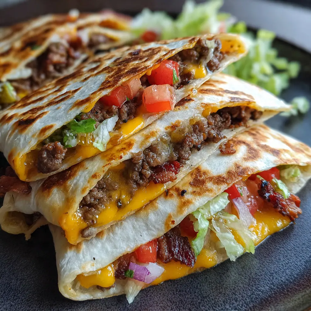 Overhead shot of a skillet with a sizzling quesadilla next to bowls of classic burger toppings like pickles, lettuce, and tomatoes