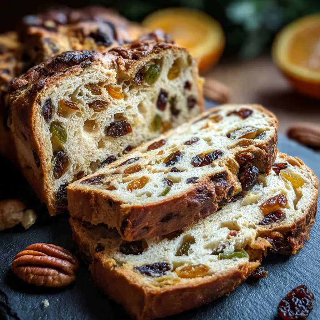 Close-up of a slice showing the moist bread, melted cheese, and plump raisins
