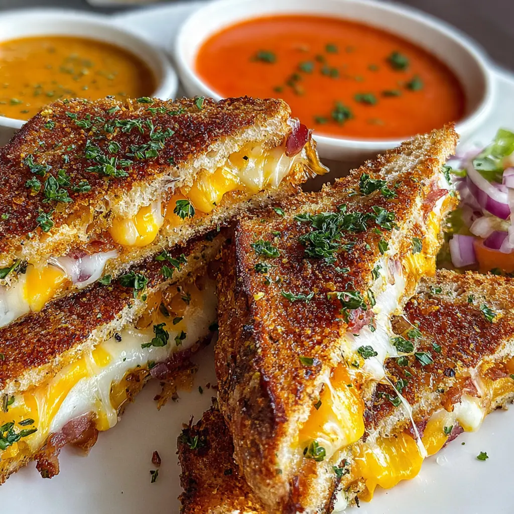 A rustic wooden board covered with grilled cheese fingers, fresh chives, and a small bowl of sauce for a party spread