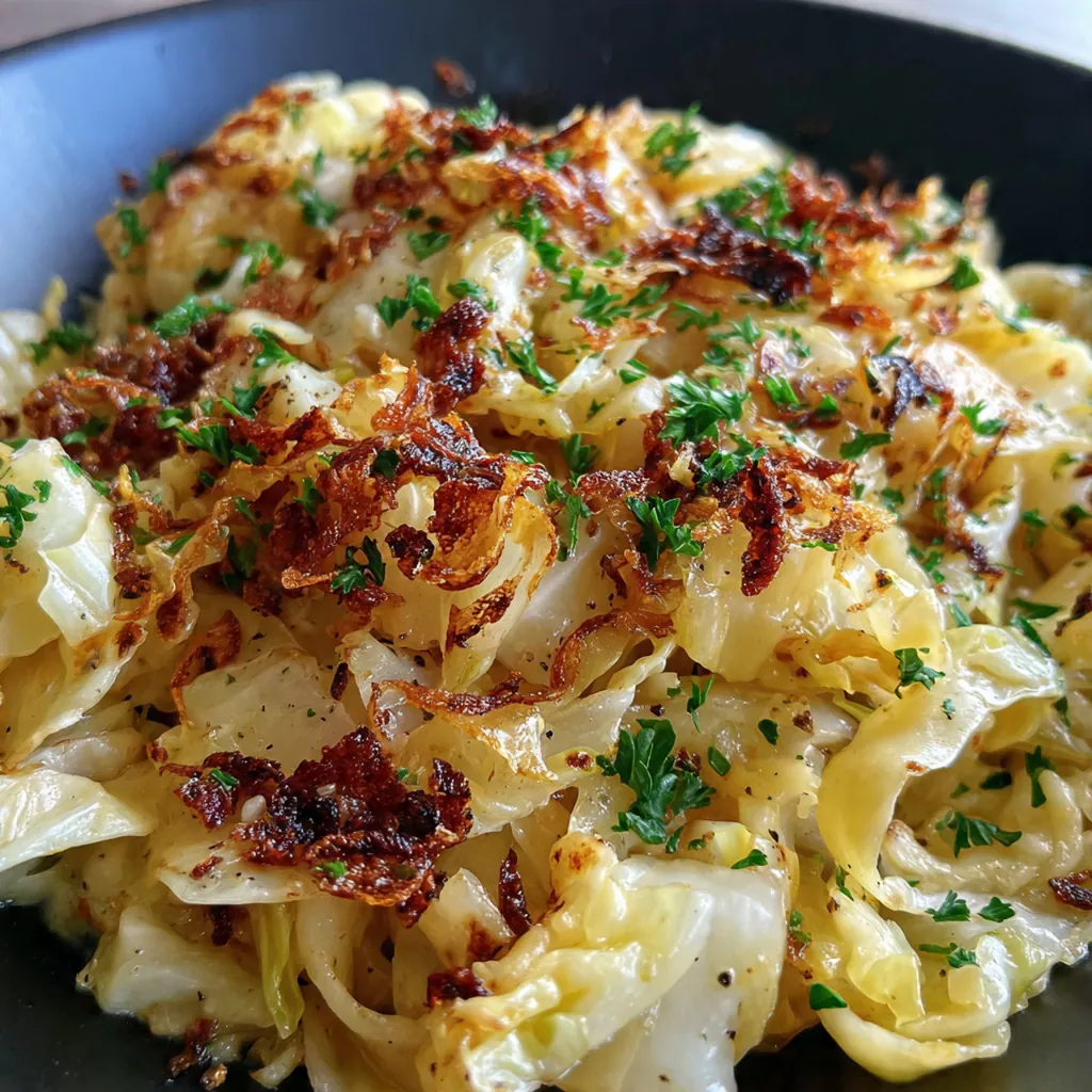 A bowl of finished creamy caramelized cabbage pasta garnished with fresh parsley and grated Parmesan