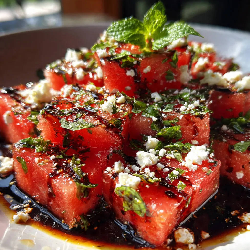 Overhead shot of a summer table setting with a bowl of balsamic glaze and a platter of grilled watermelon ready to serve