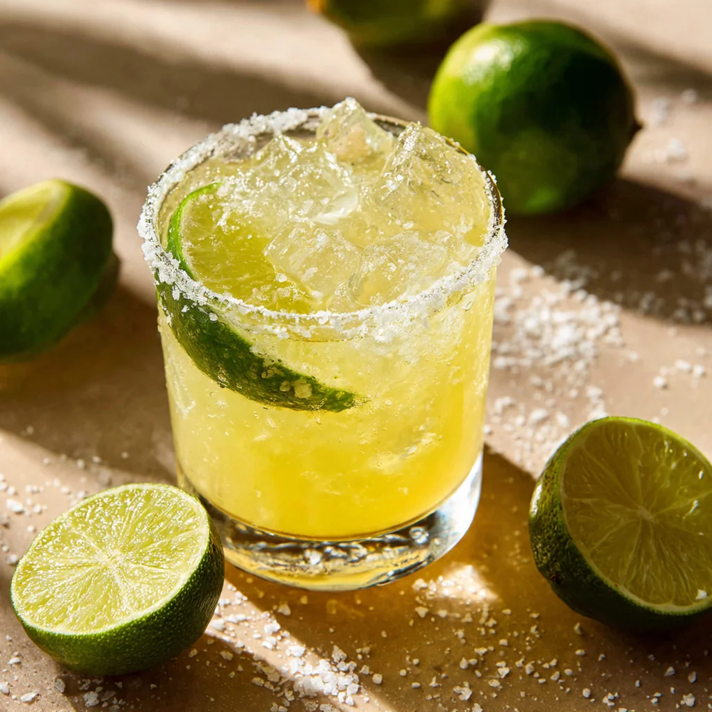 Close-up of fresh limes and a bottle of tequila next to a prepared cocktail