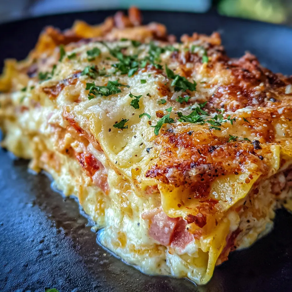 Close-up view of a slice showing creamy layers of ham, cheese, and noodles