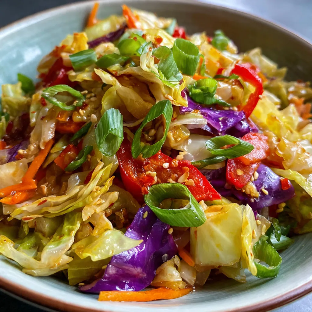 Close-up of crisp-tender cabbage and shiitake mushrooms coated in rich umami sauce with sesame seeds