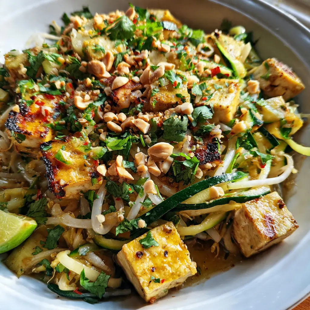Colorful plated zucchini pad thai topped with crushed peanuts, cilantro, and lime wedges