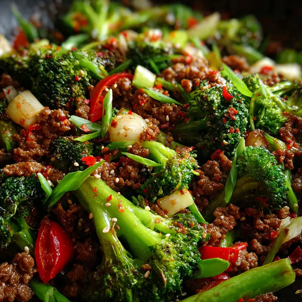 A complete dinner bowl featuring ground beef broccoli stir fry served over fluffy steamed white rice with sesame seeds.
