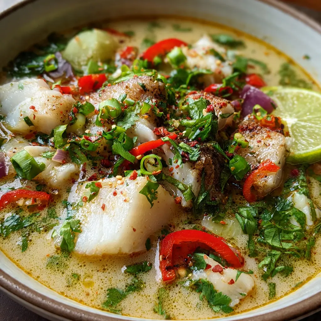 Overhead shot of a colorful coconut lime fish soup garnished with lime wedges and cilantro
