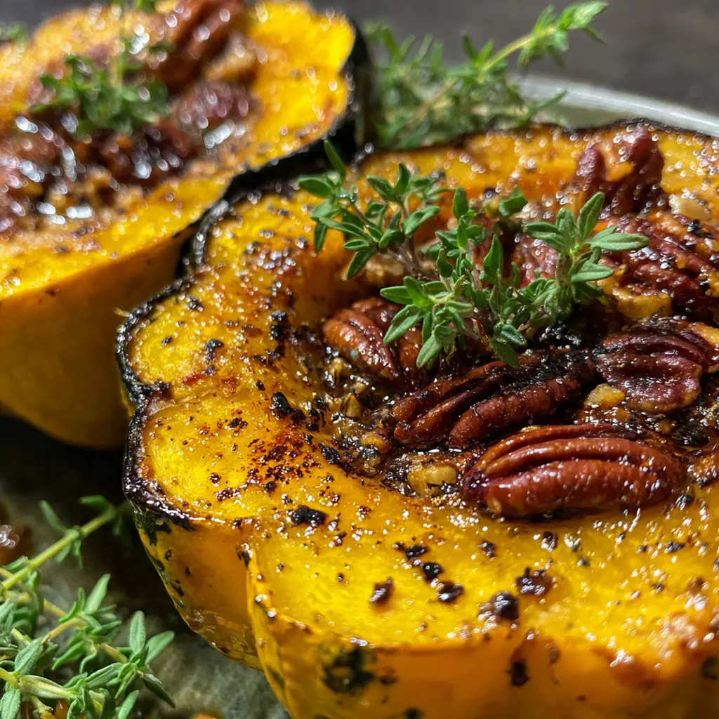 Golden honey glazed acorn squash served alongside roasted chicken on a fall-themed dinner table