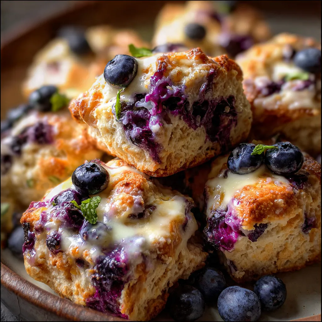 Close-up of a warm biscuit split open, revealing a fluffy interior dotted with juicy blueberries